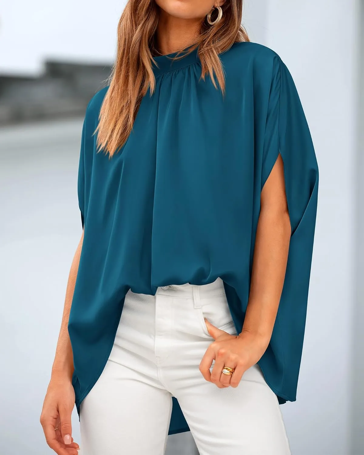 BTFBM Women Mock Neck Summer Tops 2025 Spring Batwing Short Sleeve Loose High Low Hem Casual Oversized Blouses Shirts