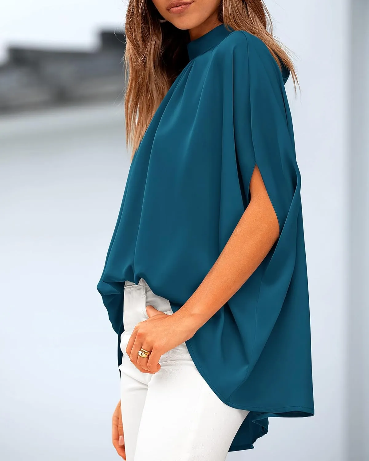 BTFBM Women Mock Neck Summer Tops 2025 Spring Batwing Short Sleeve Loose High Low Hem Casual Oversized Blouses Shirts