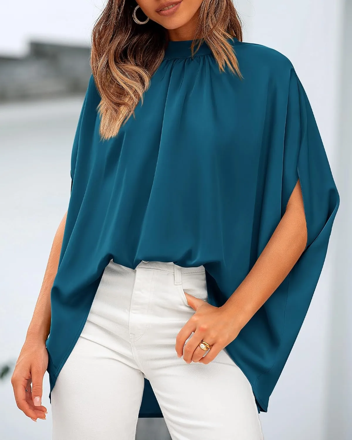 BTFBM Women Mock Neck Summer Tops 2025 Spring Batwing Short Sleeve Loose High Low Hem Casual Oversized Blouses Shirts