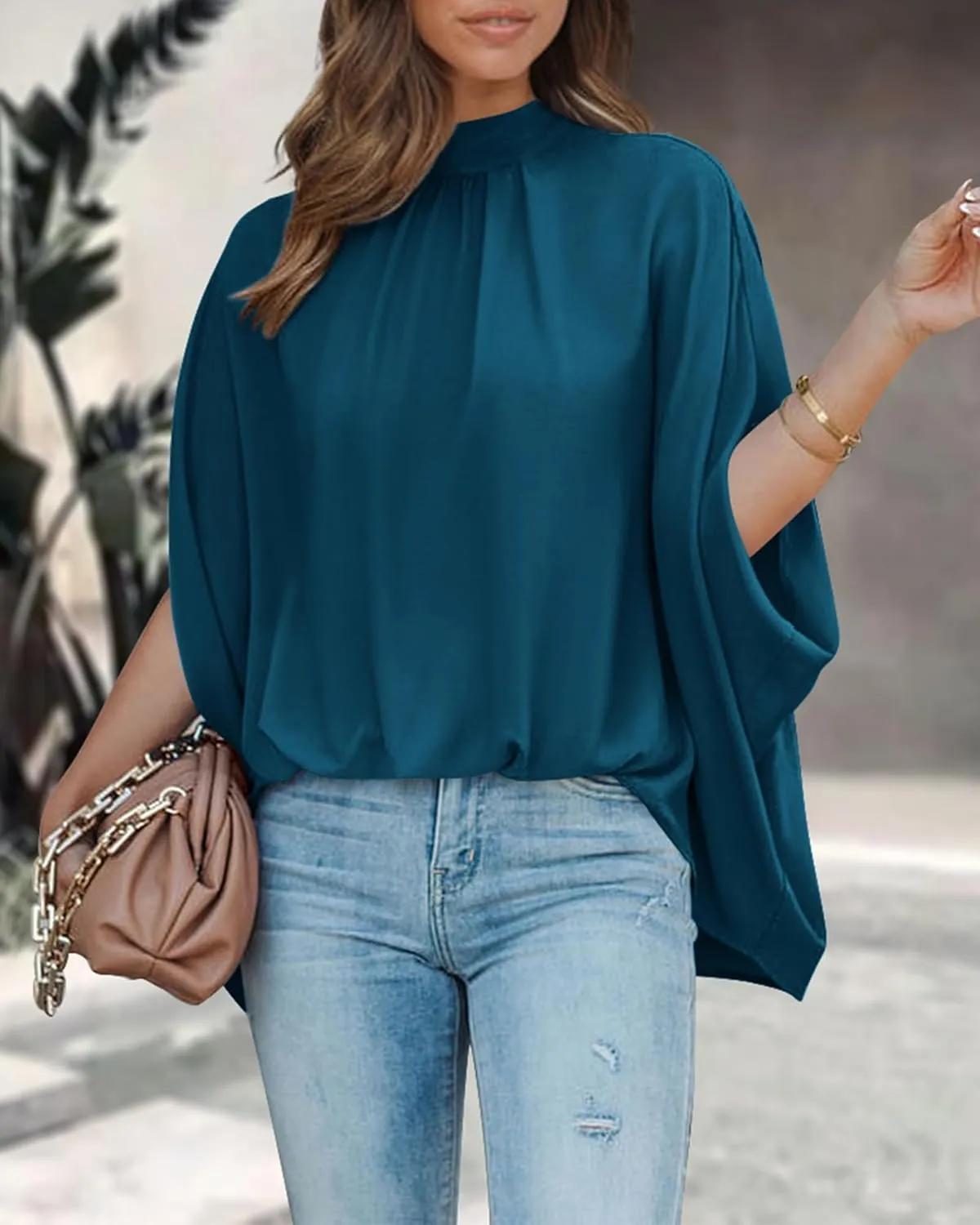 BTFBM Women Mock Neck Summer Tops 2025 Spring Batwing Short Sleeve Loose High Low Hem Casual Oversized Blouses Shirts