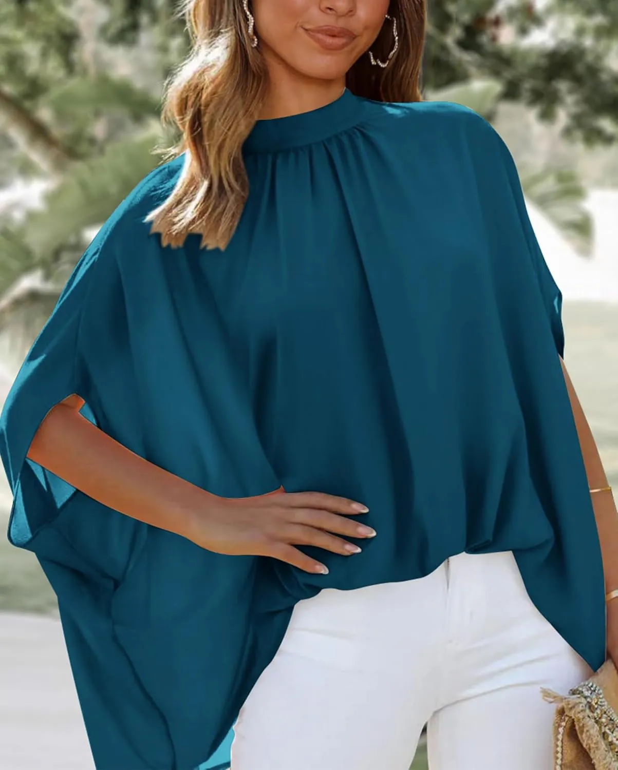 BTFBM Women Mock Neck Summer Tops 2025 Spring Batwing Short Sleeve Loose High Low Hem Casual Oversized Blouses Shirts