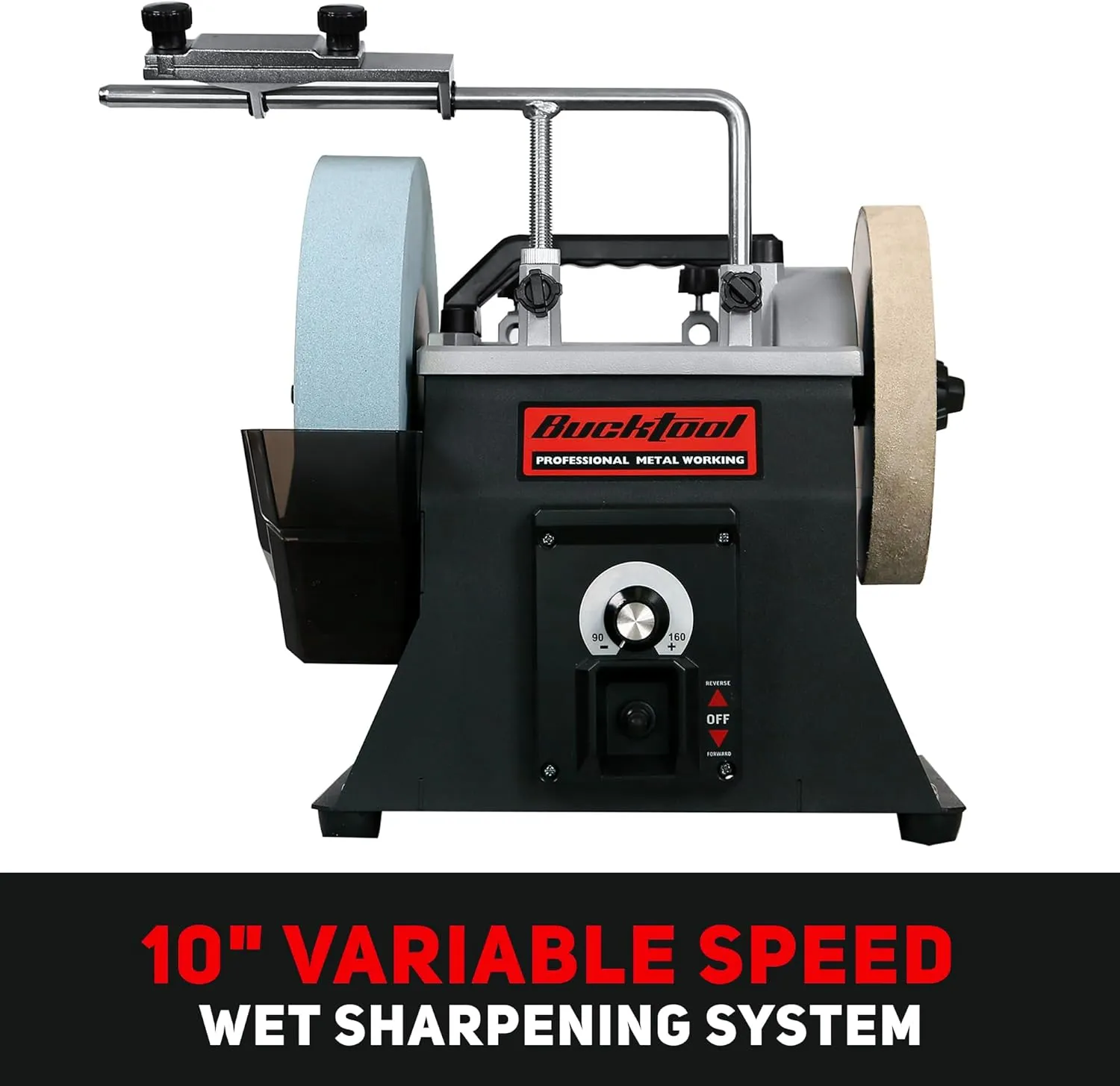 BUCKTOOL 10-Inch Variable Speed Wet Sharpening System, 1.2-Amp Two-Direction Water Cooled Wet Stone Grinder 90-160RPM, Wet Bench Grinder for Knife, Chisel, Knife, Axe, SCM8103