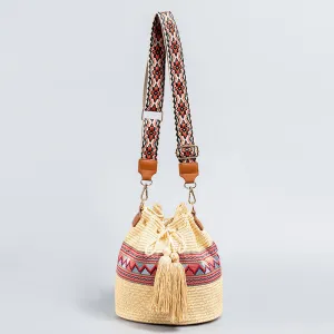 Buddha Stones Beach Geometry Straw Woven Bucket Tassels Crossbody Bag Shoulder Bag