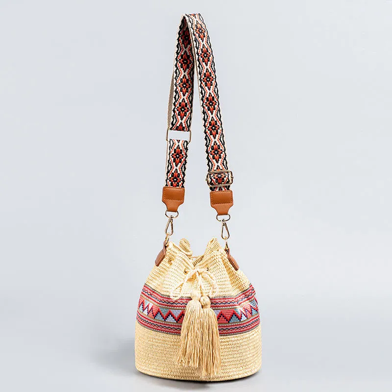 Buddha Stones Beach Geometry Straw Woven Bucket Tassels Crossbody Bag Shoulder Bag