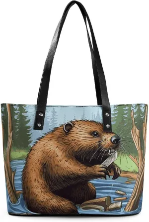 Busy Beaver Cartoon Leather Lady's Handbag Crossbody Purse for Women Ladies Soft Shoulder Bag Medium Roomy Handbag Fashion Tote Top Handle Satchel
