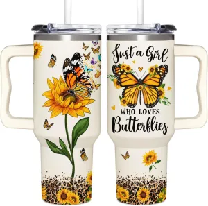 Butterfly Gifts for Women - Sunflower Butterflies Cup, Butterfly Tumbler - Christmas, Birthday Gifts for Women, Girls, Mom, Friend, Bestie - Tumbler 40oz with Handle