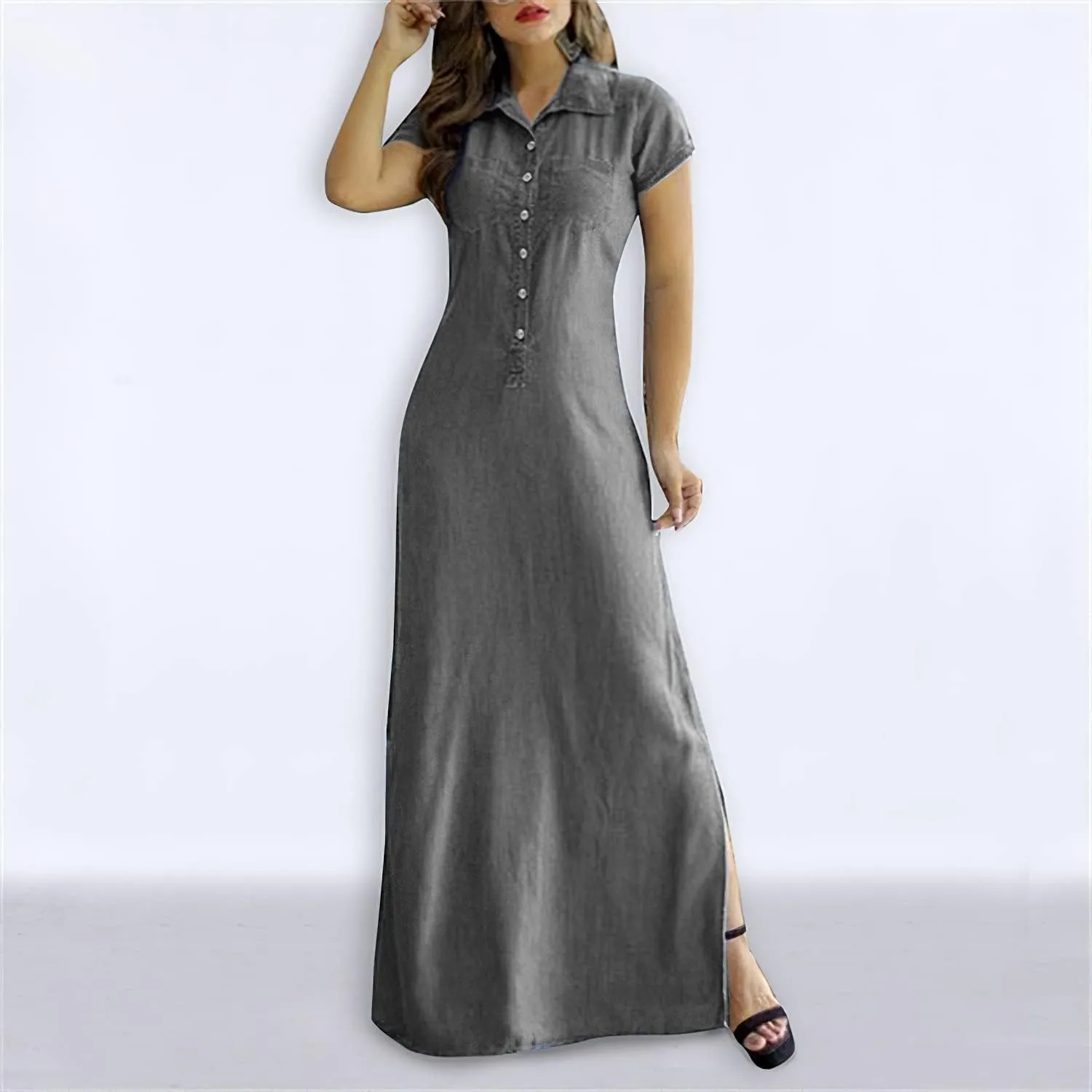 Button Down Denim Shirt Dress for Women Vintage Casual Lapel Collared Solid Jean Dresses with Pockets