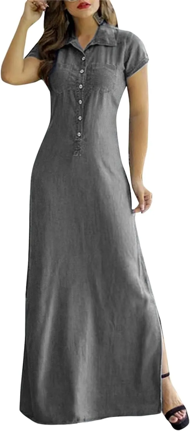 Button Down Denim Shirt Dress for Women Vintage Casual Lapel Collared Solid Jean Dresses with Pockets