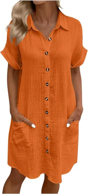 Button Down Dress for Women Summer Short Sleeve Tshirt Dresses Casual Flowy V Neck Loose Midi Beach Dress