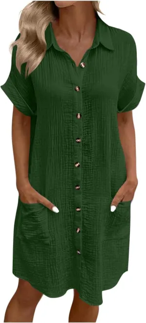 Button Down Dress for Women Summer Short Sleeve Tshirt Dresses Casual Flowy V Neck Loose Midi Beach Dress