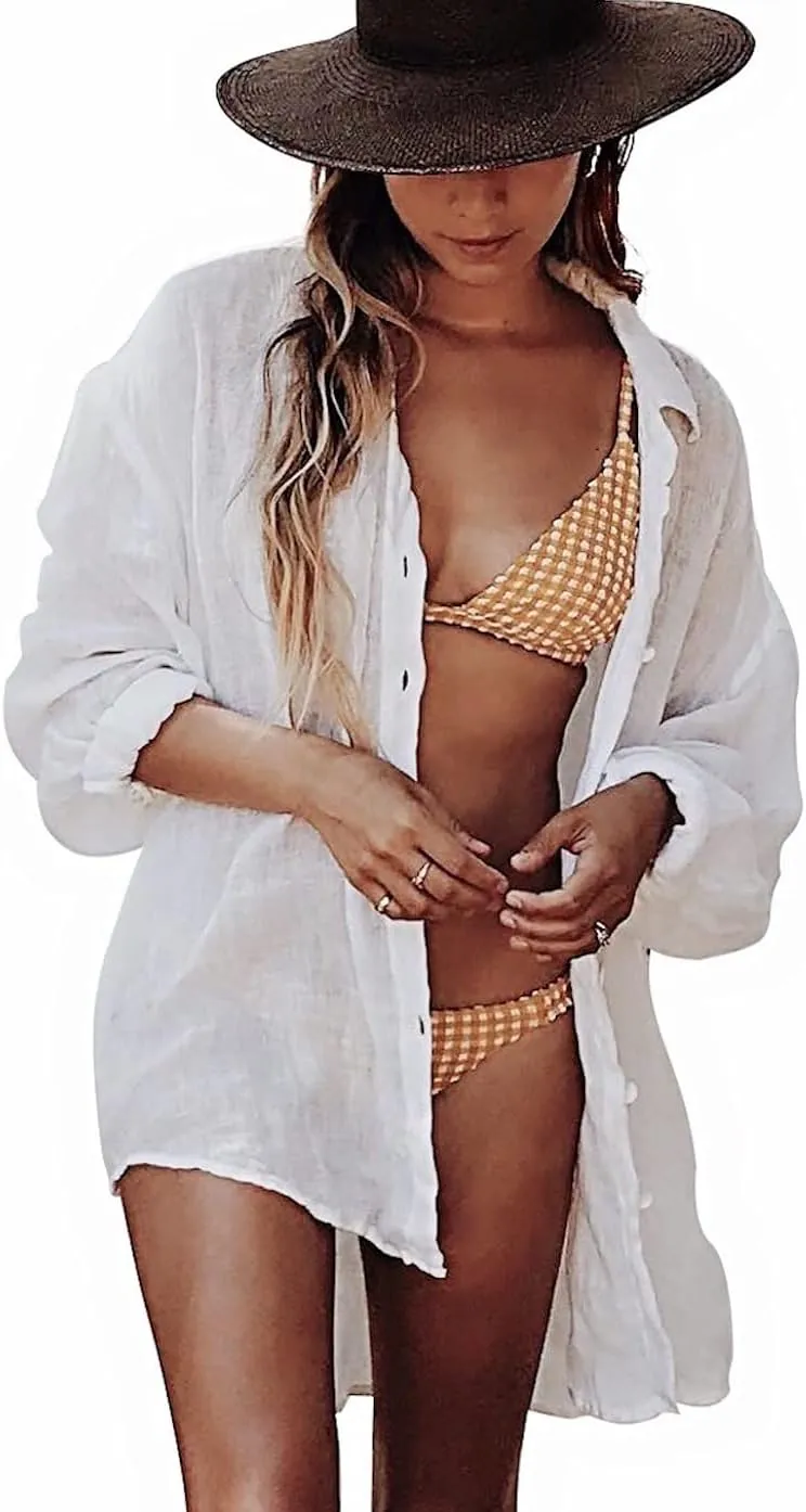 BUTTZO Women's Beachwear Bikini Swimwear Beach Sexy Cover up Oversized Shirt Tops Bathing Blouses Suit