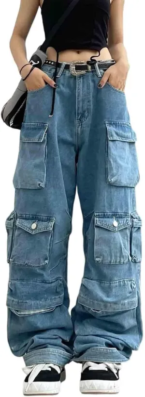 BXCNCKD Women's Baggy Cargo Pants Y2K Clothing Multi-Pocket Relaxed Fit Jeans Grunge Clothes Alt Hip hop