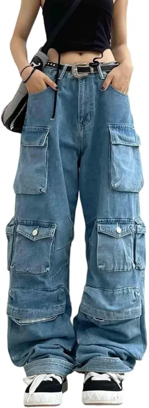 BXCNCKD Women's Baggy Cargo Pants Y2K Clothing Multi-Pocket Relaxed Fit Jeans Grunge Clothes Alt Hip hop