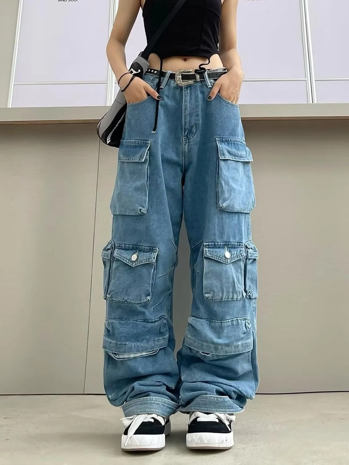 BXCNCKD Women's Baggy Cargo Pants Y2K Clothing Multi-Pocket Relaxed Fit Jeans Grunge Clothes Alt Hip hop