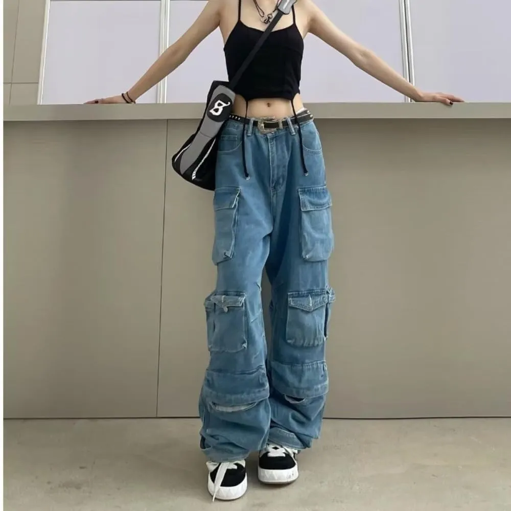 BXCNCKD Women's Baggy Cargo Pants Y2K Clothing Multi-Pocket Relaxed Fit Jeans Grunge Clothes Alt Hip hop