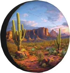 Cactus Landscape Tire Cover Outdoor Waterproof Snow Sun Rain Wheel Cover Portable Wheel Bags Camper Spare Tire Cover Universal Car Tire Protectors for Trailer RV SUV
