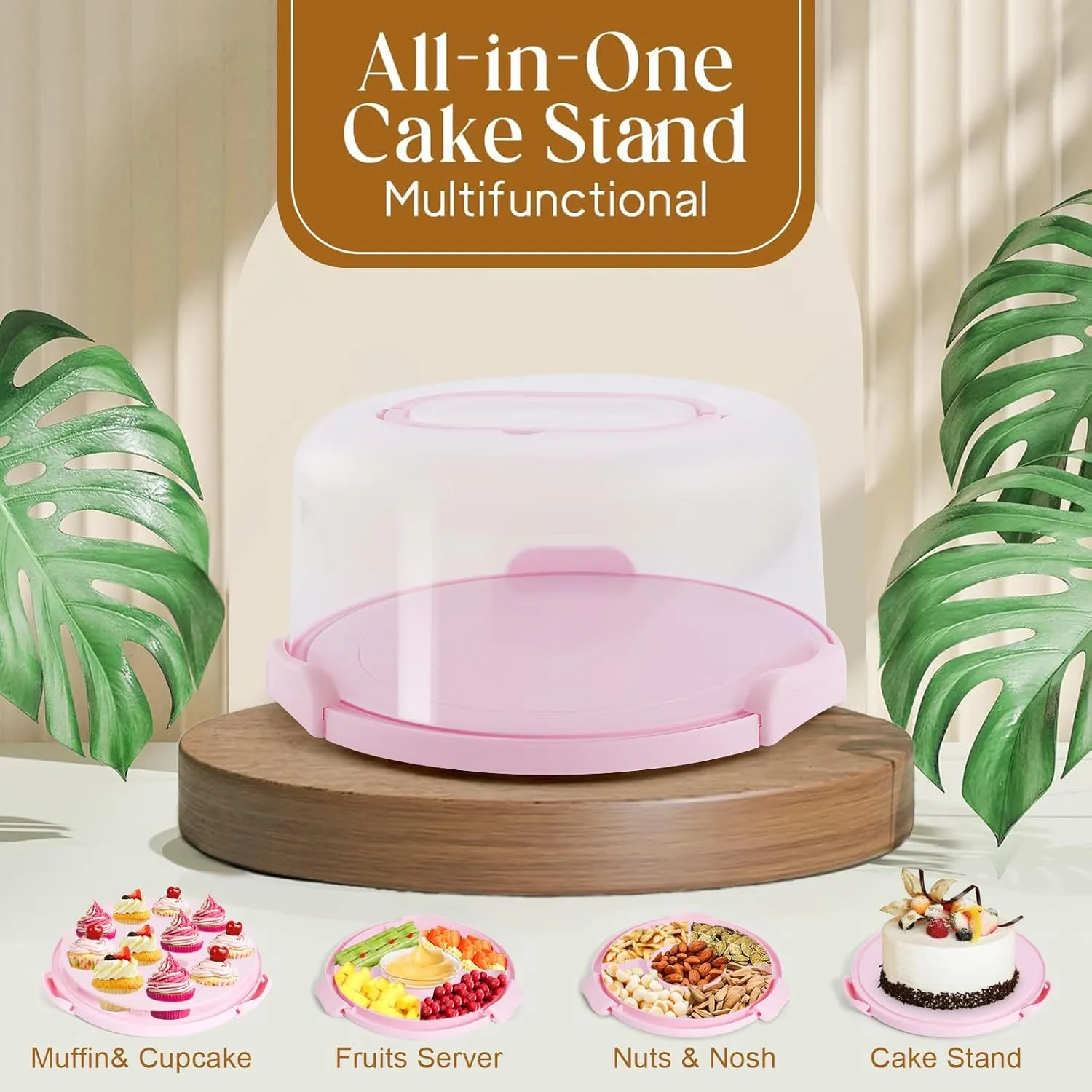 Cake Carrier with Lid and Handle, Cake Container Cupcake Holder for 10 inch Cake with 2 Handles Cupcake Carriers - Cover Two Sided Base for Transport Storage Pies Nuts, Pink Round Cake Stand