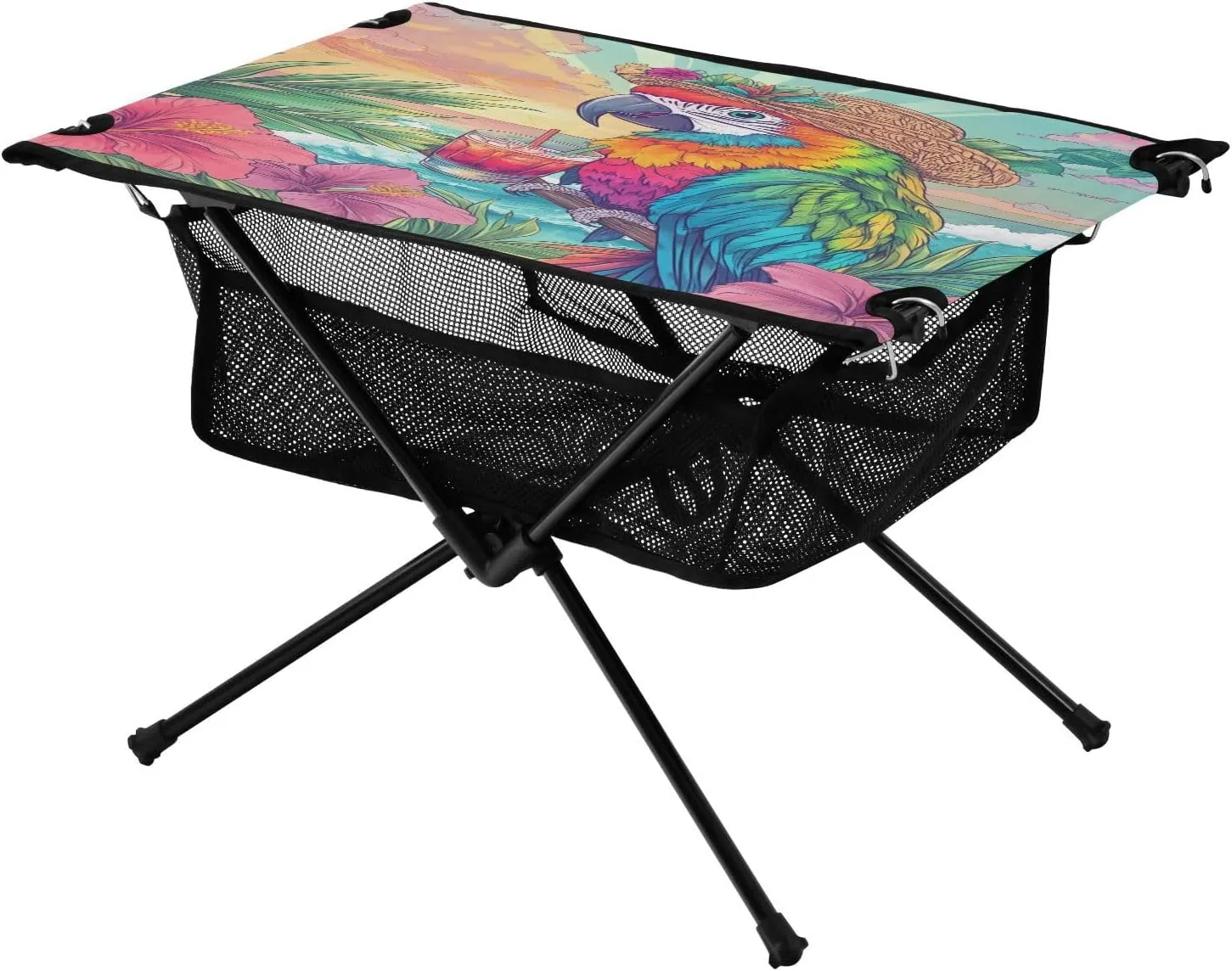 Camping Table Lightweight Portable Folding Table with Mesh Storage Net Flower Straw Hat Parrot Ideal for Camping Hiking Beach Picnic Travel Backyard