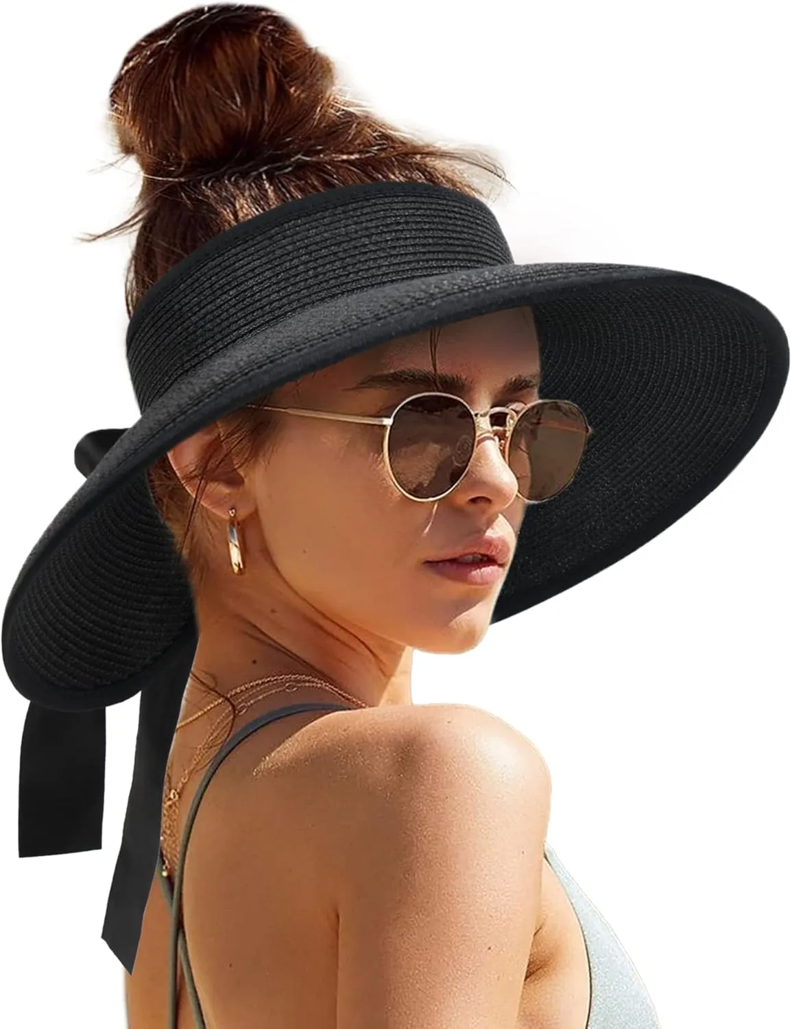 Camptrace Sun Visors for Women Wide Brim Beach Hat Foldable Straw Visor Hat Ponytail Summer Packable UPF 80 