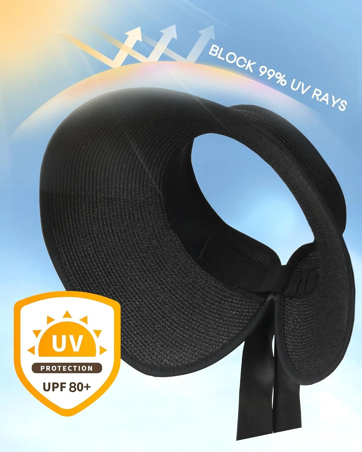 Camptrace Sun Visors for Women Wide Brim Beach Hat Foldable Straw Visor Hat Ponytail Summer Packable UPF 80 