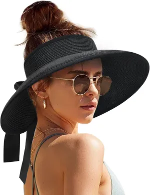 Camptrace Sun Visors for Women Wide Brim Beach Hat Foldable Straw Visor Hat Ponytail Summer Packable UPF 80 