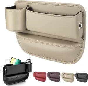 Car Leather Cup Holder Gap Bag, Car Seat Gap Filler, Universal Seat Gap Organizer, Adjustable Car Seat Storage Box, for Phones Glasses Keys Cards (Beige, Driver's Seat)