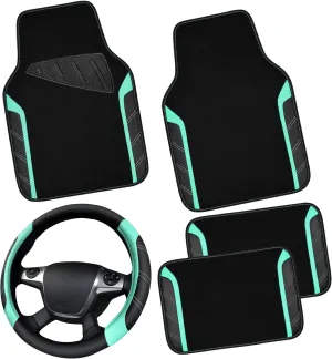 CAR PASS Leather Steering Wheel Cover and Waterproof Car Floor Mats,Microfiber Universal Car Combo Fit for 95% Sedan,SUV,Cars,14.5-15inch Sporty Anti-Slip Safety Comfortable Design(Black&Mint)