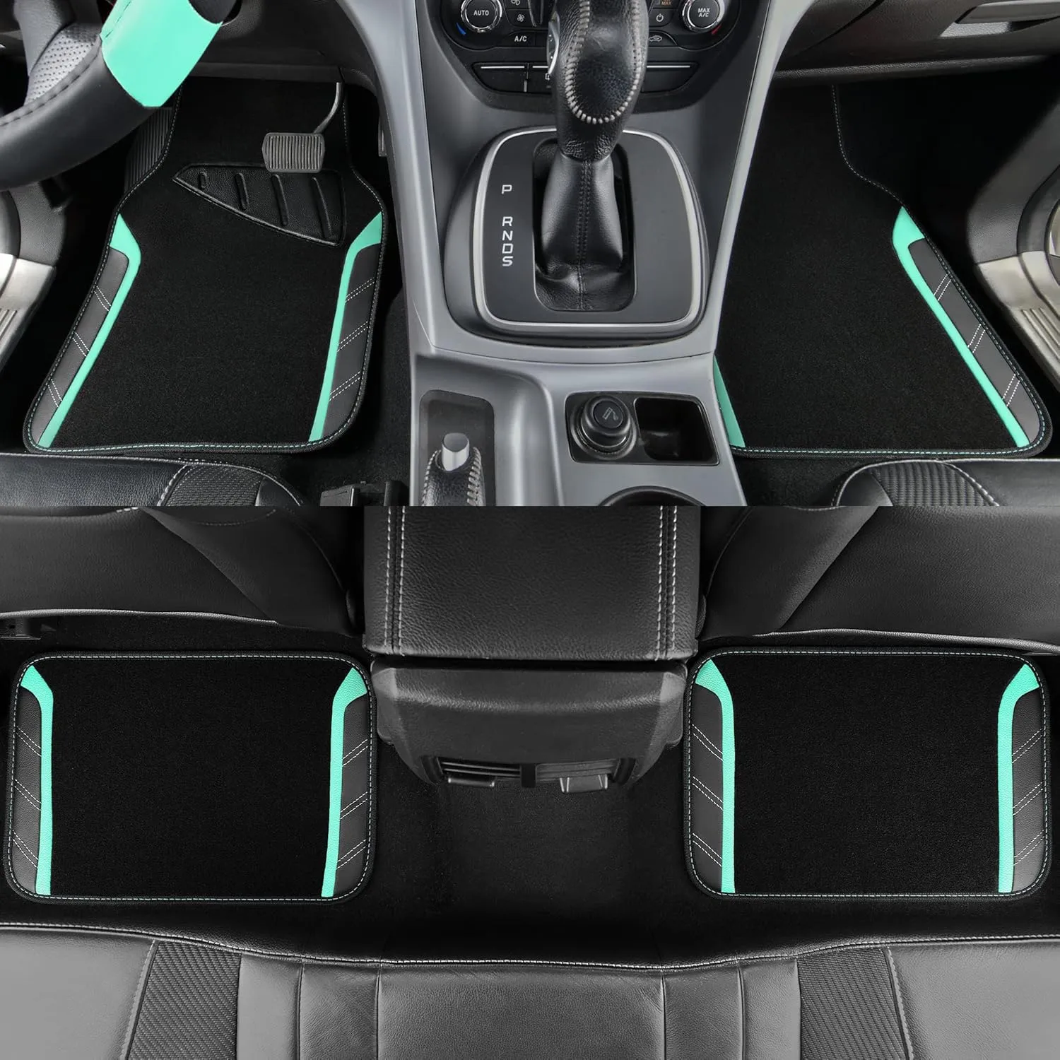 CAR PASS Leather Steering Wheel Cover and Waterproof Car Floor Mats,Microfiber Universal Car Combo Fit for 95% Sedan,SUV,Cars,14.5-15inch Sporty Anti-Slip Safety Comfortable Design(Black&Mint)