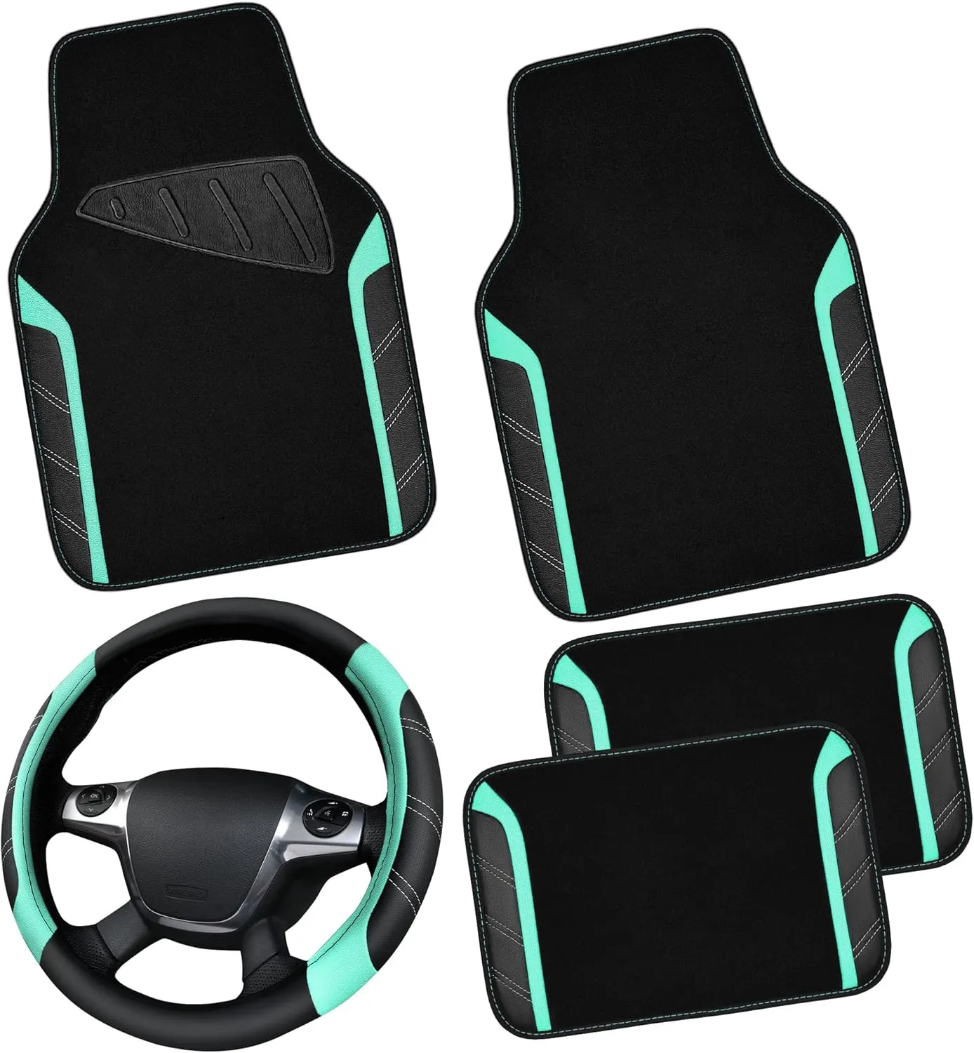 CAR PASS Leather Steering Wheel Cover and Waterproof Car Floor Mats,Microfiber Universal Car Combo Fit for 95% Sedan,SUV,Cars,14.5-15inch Sporty Anti-Slip Safety Comfortable Design(Black&Mint)