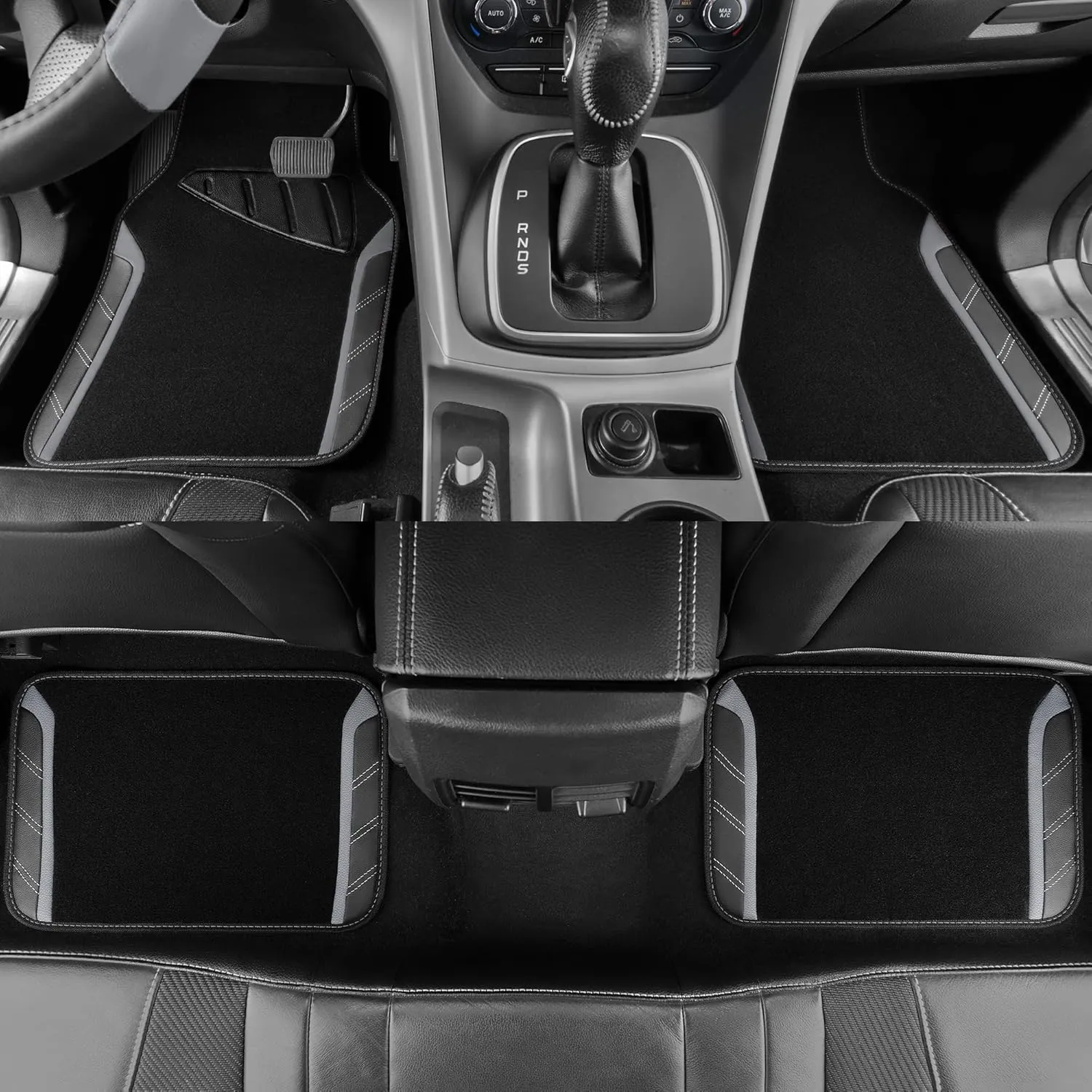 CAR PASS Leather Steering Wheel Cover and Waterproof Car Floor Mats,Microfiber Universal Car Combo Fit for 95% Sedan,SUV,Cars,14.5-15inch Sporty Anti-Slip Safety Comfortable Design(Black＆Gray)