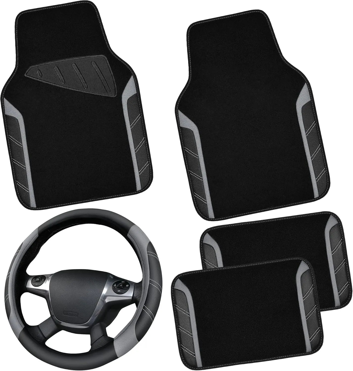 CAR PASS Leather Steering Wheel Cover and Waterproof Car Floor Mats,Microfiber Universal Car Combo Fit for 95% Sedan,SUV,Cars,14.5-15inch Sporty Anti-Slip Safety Comfortable Design(Black＆Gray)