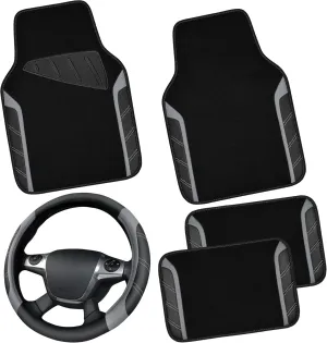 CAR PASS Leather Steering Wheel Cover and Waterproof Car Floor Mats,Microfiber Universal Car Combo Fit for 95% Sedan,SUV,Cars,14.5-15inch Sporty Anti-Slip Safety Comfortable Design(Black＆Gray)