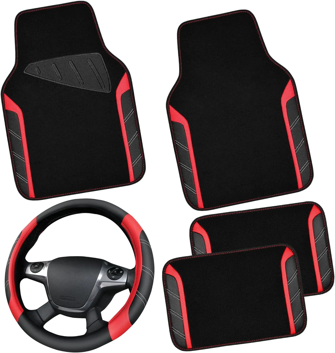 CAR PASS Leather Steering Wheel Cover and Waterproof Car Floor Mats,Microfiber Universal Car Combo Fit for 95% Sedan,SUV,Cars,14.5-15inch Sporty Anti-Slip Safety Comfortable Design(Black＆Red)