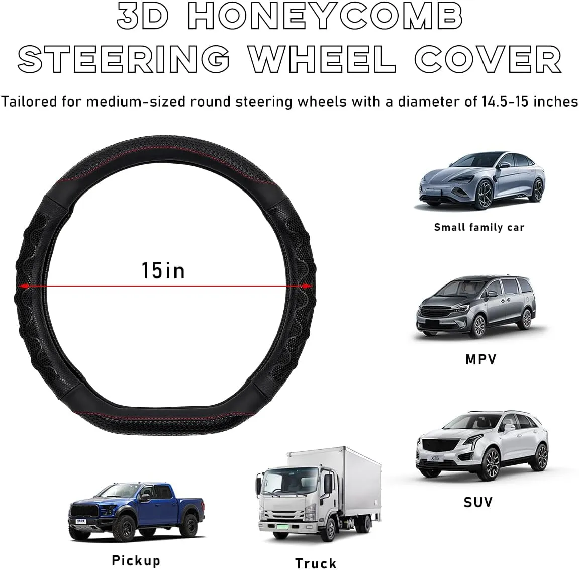 Car Steering Wheel Cover, 15 Inch Leather D-Shaped Comfy Grip Steering Wheel Protector, Anti-Slip Steering Wheel Cover with 3D Honeycomb for Most Vehicles, Car Accessories (Black)