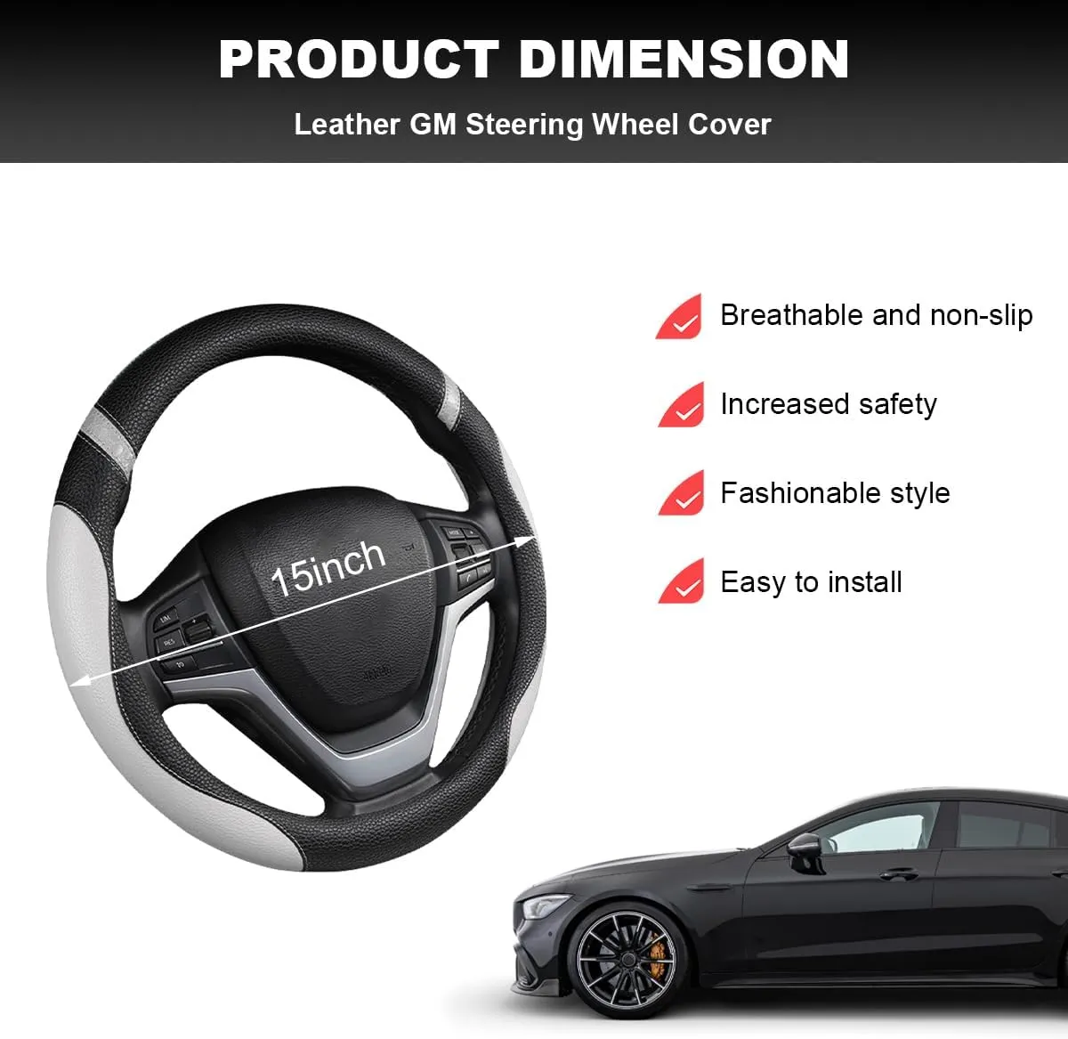 Car Steering Wheel Cover, 15 Inch Premium Leather Breathable Non-Slip Wheels Wrap, Universal Auto Comfortable Steering Wheel Protector for SUV Truck Van, Car Accessories (Gray)