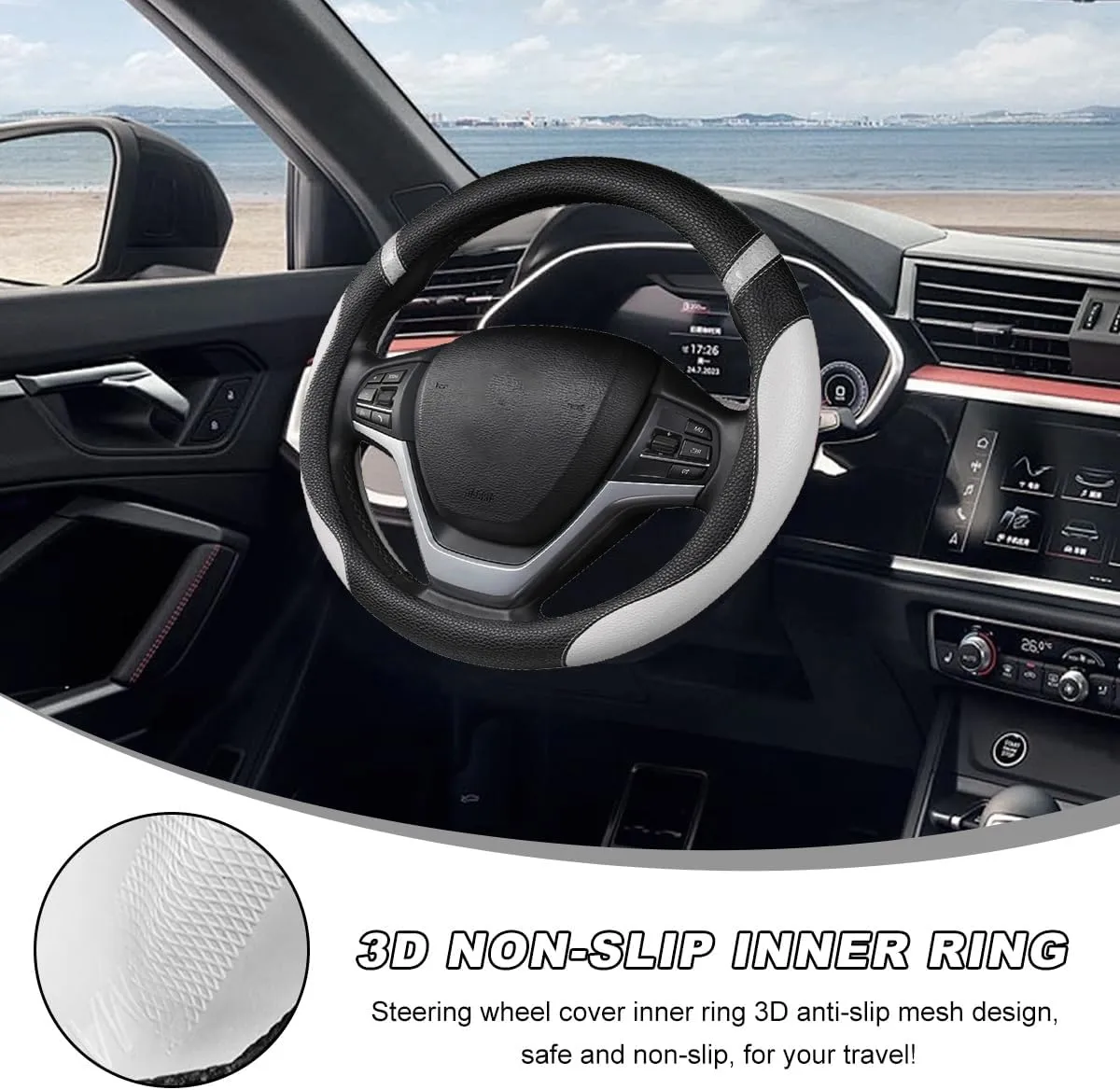 Car Steering Wheel Cover, 15 Inch Premium Leather Breathable Non-Slip Wheels Wrap, Universal Auto Comfortable Steering Wheel Protector for SUV Truck Van, Car Accessories (Gray)