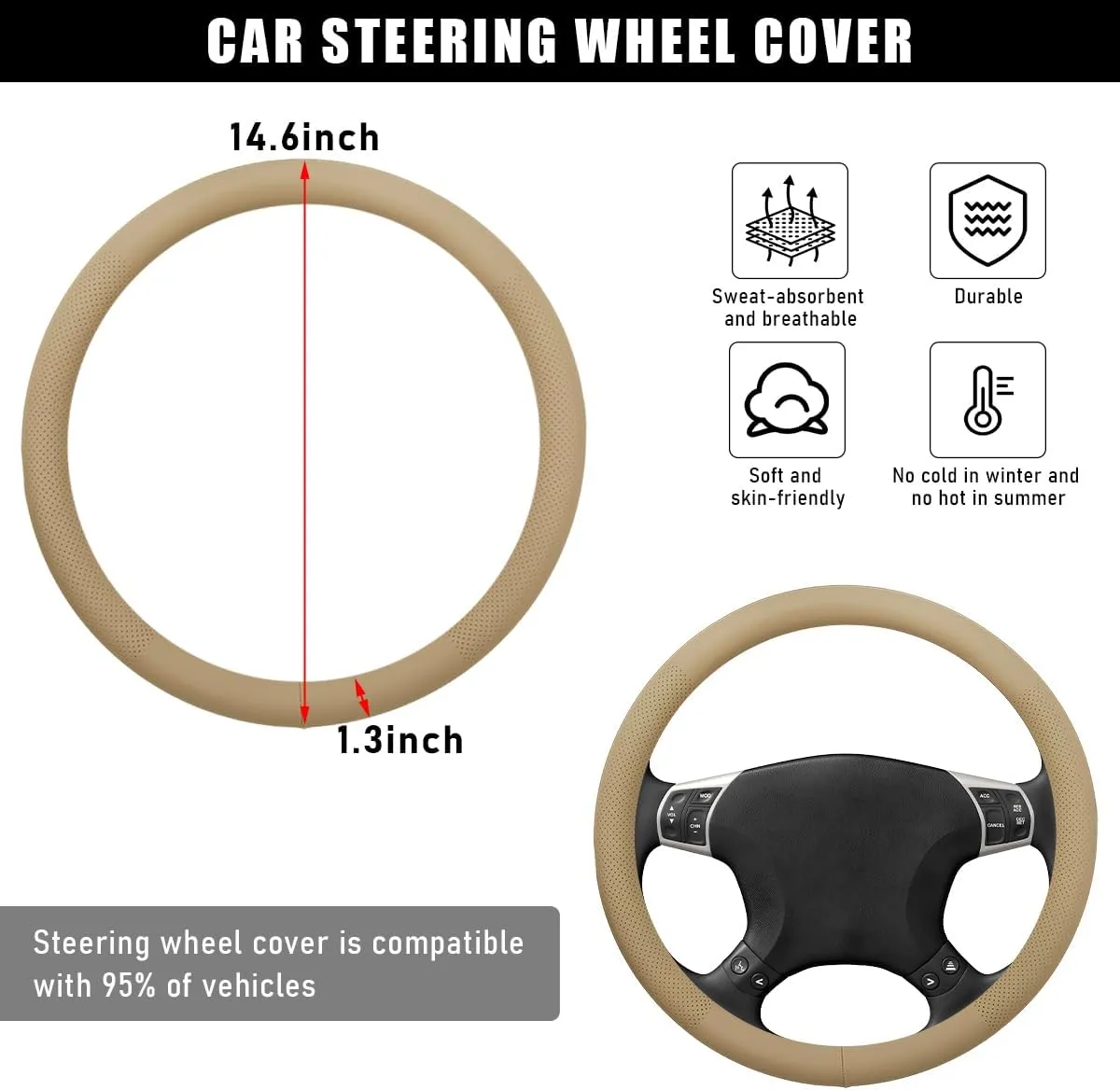 Car Steering Wheel Cover, 15 Inches Non-Slip Leather Vehicle Wheel Protector, Comfortable & Breathable Automotive Steering Wheel Cover, Universal Decor Car Accessories (Beige)