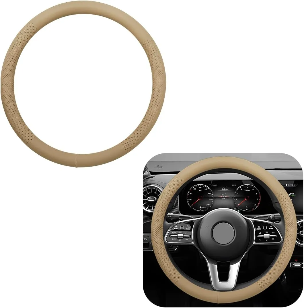 Car Steering Wheel Cover, 15 Inches Non-Slip Leather Vehicle Wheel Protector, Comfortable & Breathable Automotive Steering Wheel Cover, Universal Decor Car Accessories (Beige)