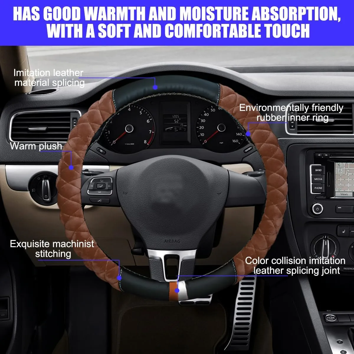 Car Steering Wheel Cover, Anti Slip Fluffy Vehicle Wheel Protector, 15 Inch Winter Plush Warm Automotive Wheel Protection Cover Accessories, Universal for SUV, Sedan, Truck(Coffee)