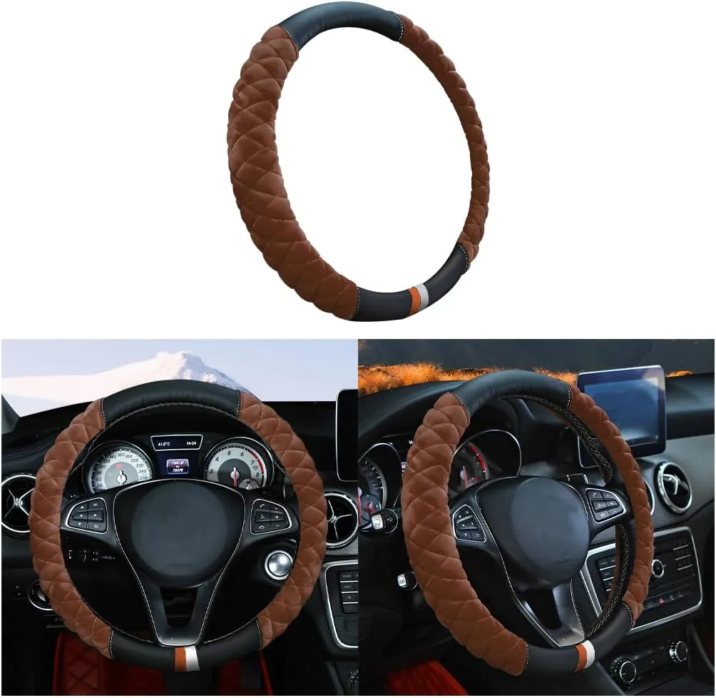 Car Steering Wheel Cover, Anti Slip Fluffy Vehicle Wheel Protector, 15 Inch Winter Plush Warm Automotive Wheel Protection Cover Accessories, Universal for SUV, Sedan, Truck(Coffee)