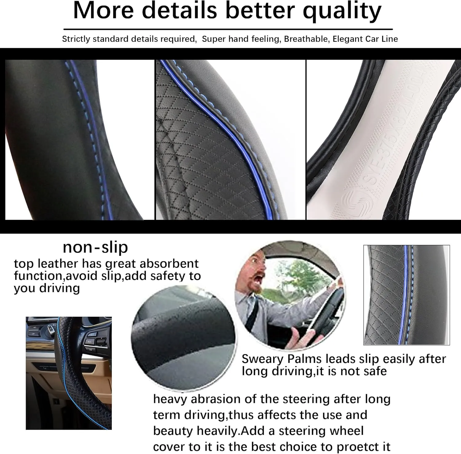 Car Steering Wheel Cover, Anti-Slip, Safety, Soft, Breathable, Heavy Duty, Thick, Full Surround, Sports Style (Black Blue)