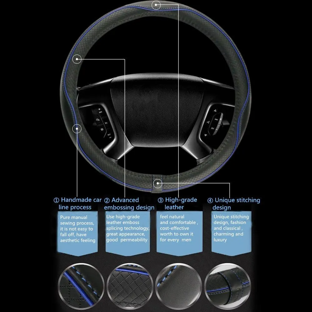 Car Steering Wheel Cover, Anti-Slip, Safety, Soft, Breathable, Heavy Duty, Thick, Full Surround, Sports Style (Black Blue)