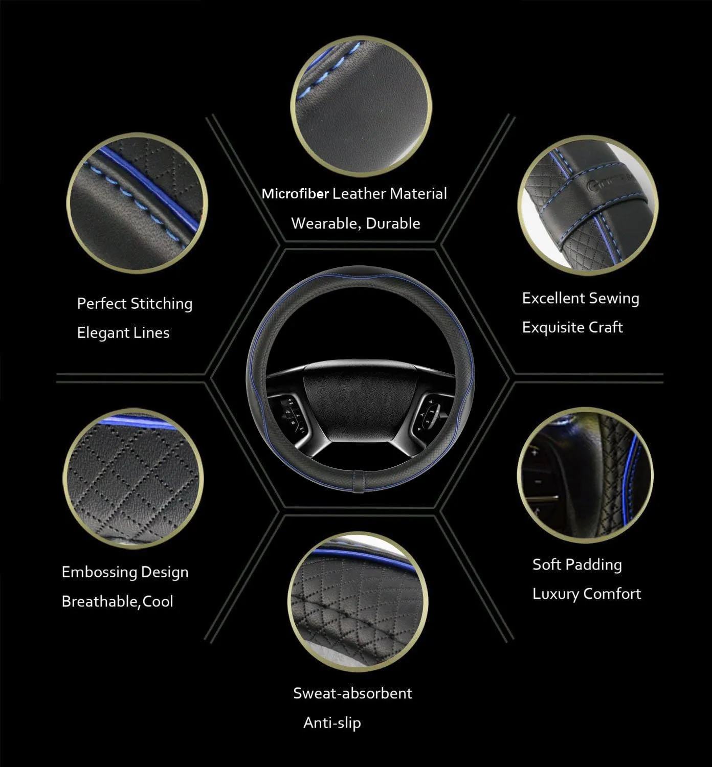 Car Steering Wheel Cover, Anti-Slip, Safety, Soft, Breathable, Heavy Duty, Thick, Full Surround, Sports Style (Black Blue)