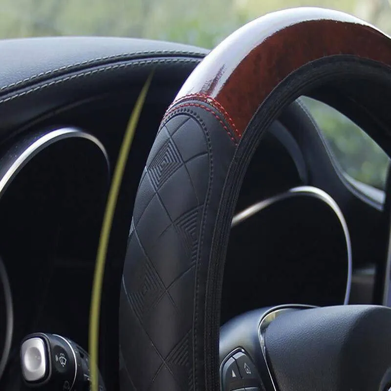 Car Steering Wheel Cover Mahogany Wood Pattern PU Leather Steering wheel CoverAU