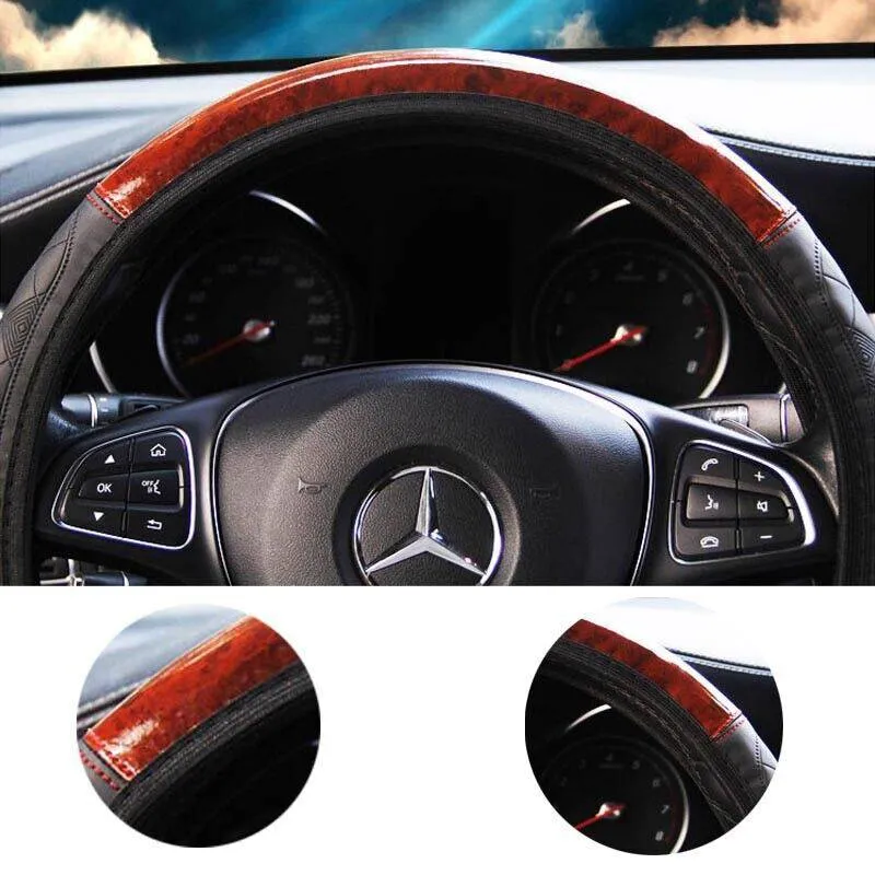 Car Steering Wheel Cover Mahogany Wood Pattern PU Leather Steering wheel CoverAU
