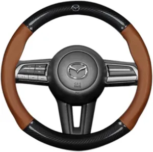 Car Steering Wheel Cover with Logo for Mazda Biante 2008-2018, Car Steering Wheel Protector Leather Anti-Slip Breathable All Seasons Car Accessories Interior,Brown-O