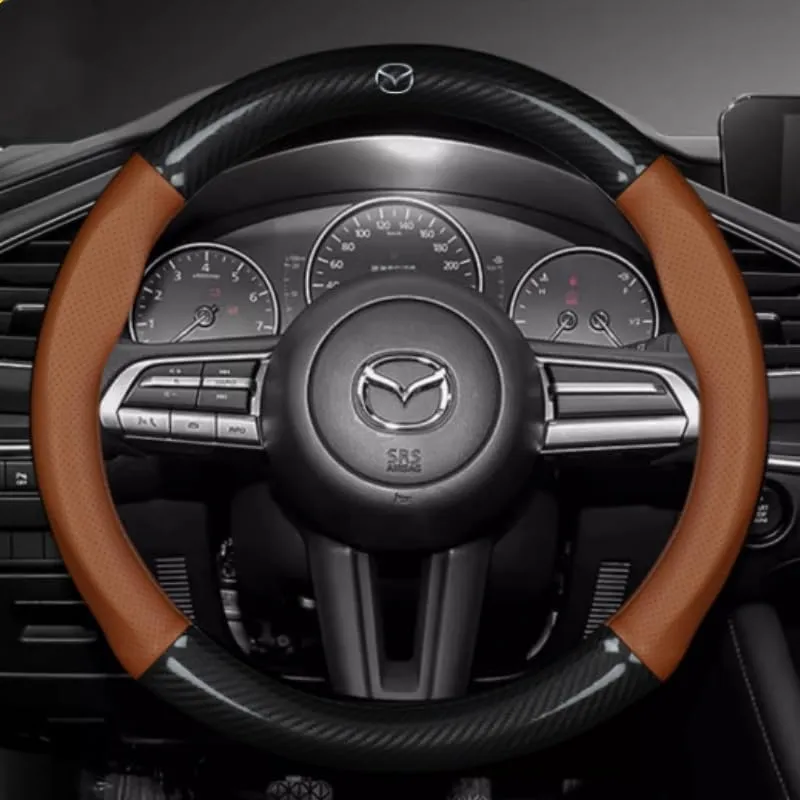 Car Steering Wheel Cover with Logo for Mazda Biante 2008-2018, Car Steering Wheel Protector Leather Anti-Slip Breathable All Seasons Car Accessories Interior,Brown-O
