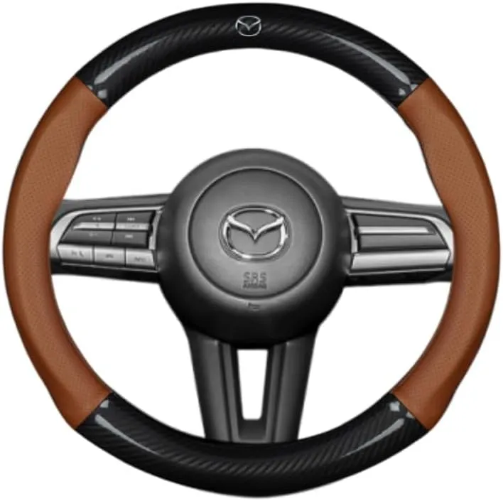 Car Steering Wheel Cover with Logo for Mazda Biante 2008-2018, Car Steering Wheel Protector Leather Anti-Slip Breathable All Seasons Car Accessories Interior,Brown-O