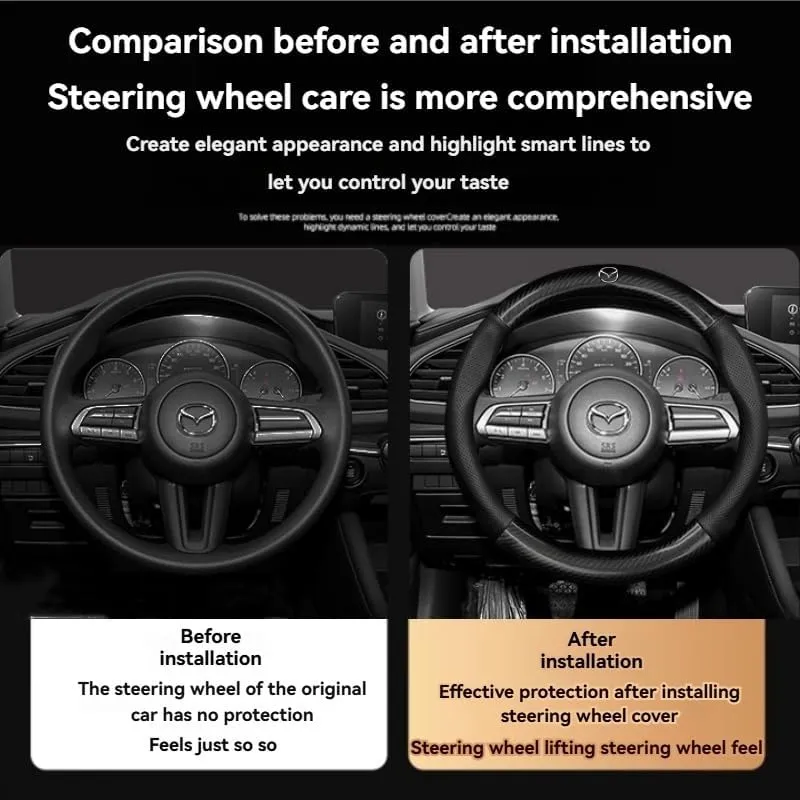 Car Steering Wheel Cover with Logo for Mazda Biante 2008-2018, Car Steering Wheel Protector Leather Anti-Slip Breathable All Seasons Car Accessories Interior,Brown-O