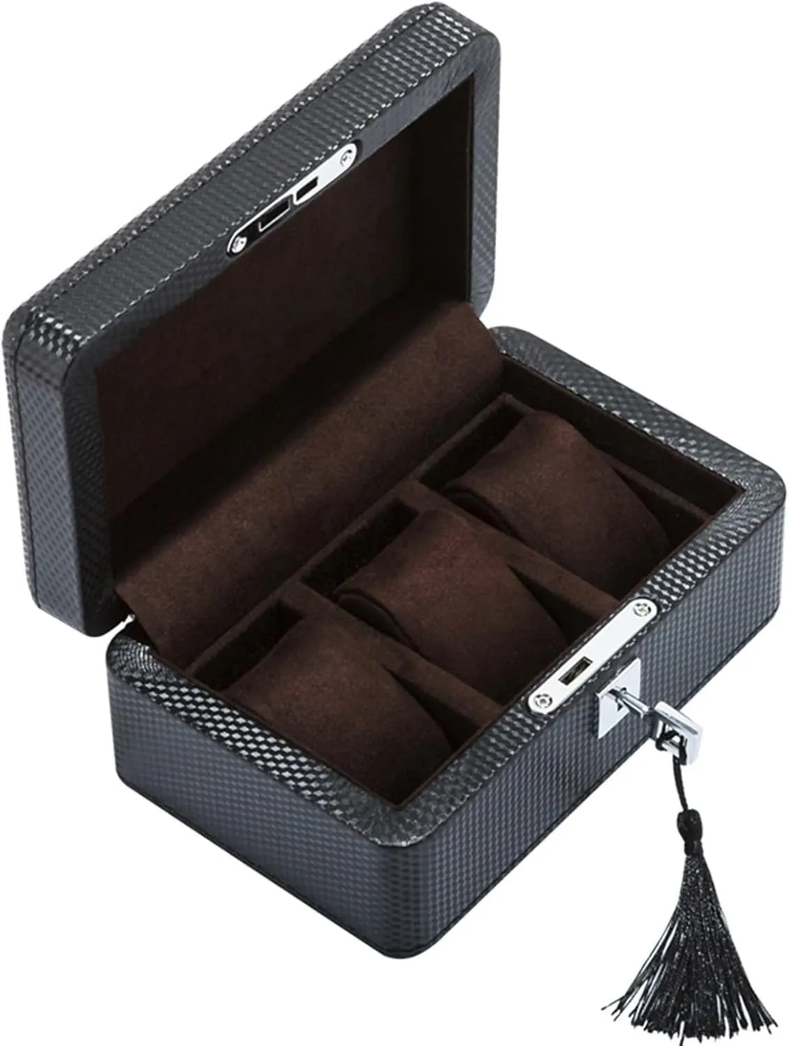 Carbon Fiber Leather Watch Box Mechanical Watch Display Box Collection Storage Box With Lock, Watch Stand, Black(Brown)
